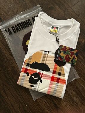 Bape White Short Sleeve Tee with Plaid Ape Head Graphic